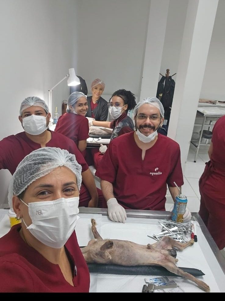Dra. Caroline em sessão prática de anatomia e cirurgia no Equalis, Centro de Ensino Veterinário